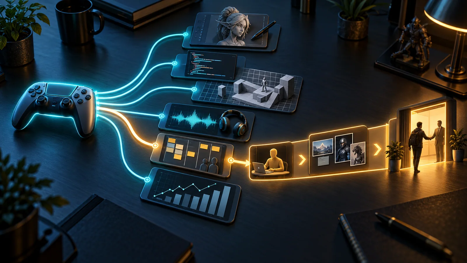 Several game development disciplines branch from a controller while one focused route continues through practice and portfolio evidence to an interview.